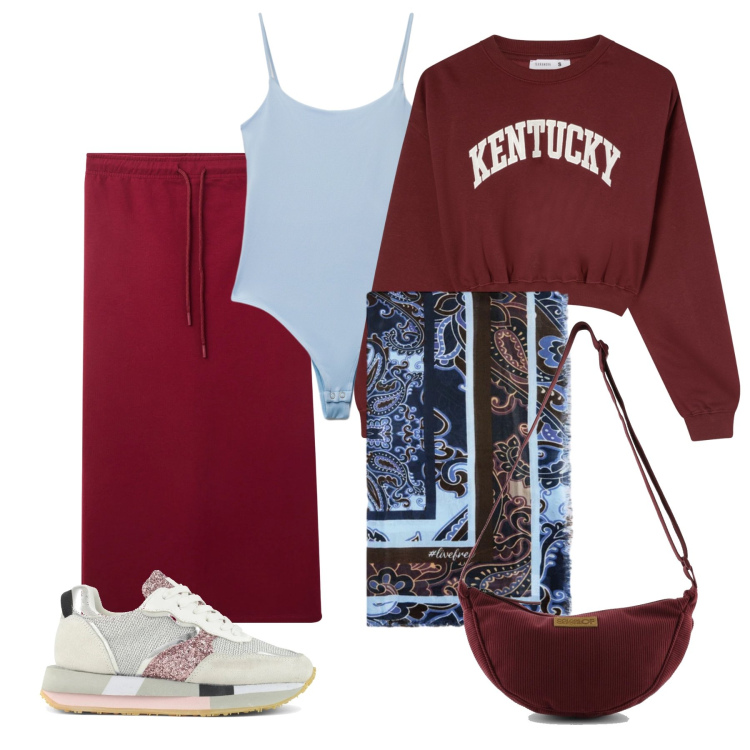 Outfit donna - Marzo. Stile Urban per Tutti i giorni. Abbinamento con gonne longuette, felpe, top, foulard, borse a tracolla, sneakers.