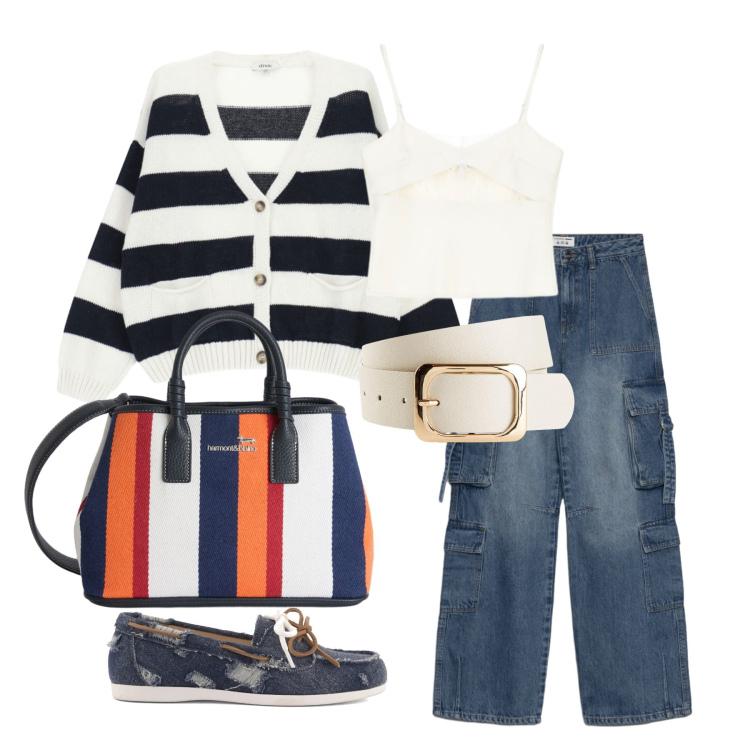 Outfit donna - Marzo. Stile Casual chic per Tutti i giorni. Abbinamento con cinture, shopping bag, canottiere, jeans, cardigans, mocassini.