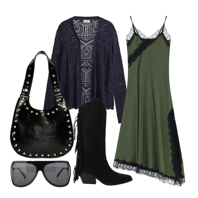 Outfit donna - Marzo. Stile Glamour per Tutti i giorni. Abbinamento con cardigans, stivali, vestiti asimmetrici, occhiali da sole, borse a spalla.