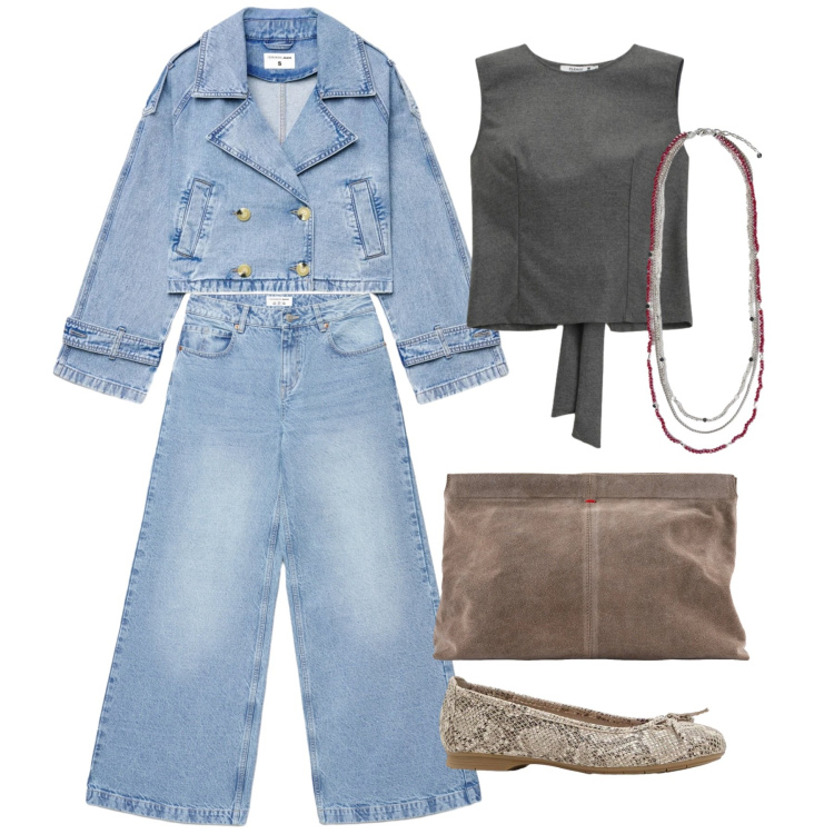 Outfit donna - Marzo. Stile Trendy per Tutti i giorni. Abbinamento con ballerine, jeans, caban, collane, top, pochette.