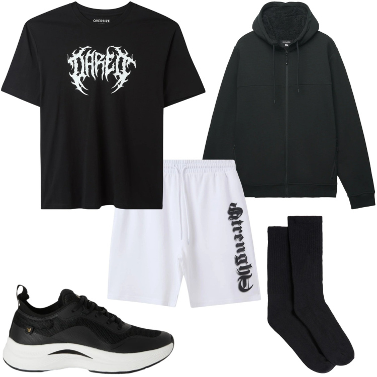 Outfit uomo - Sportivo in bianco e nero. Stile Casual per Tutti i giorni. Abbinamento con t-shirt, bermuda, felpe con cappuccio, sneakers, calzini.