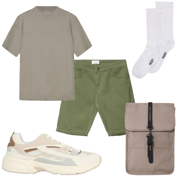 Outfit uomo - Come mi vesto. Stile Casual per Tutti i giorni. Abbinamento con borse sportive, sneakers, bermuda, calzini, t-shirt.