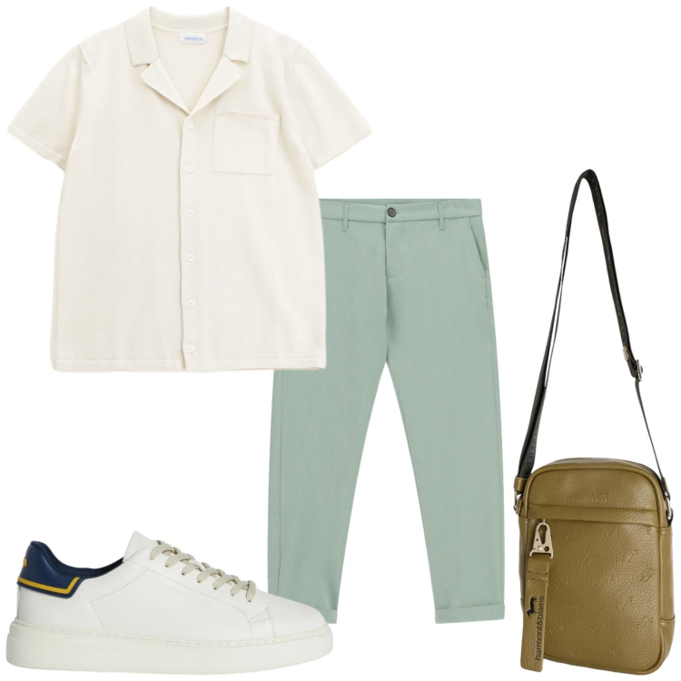 Outfit uomo - Casual per un aperitivo. Stile Casual per Tutti i giorni. Abbinamento con sneakers, borse sportive, pantaloni, camicie a manica corta.