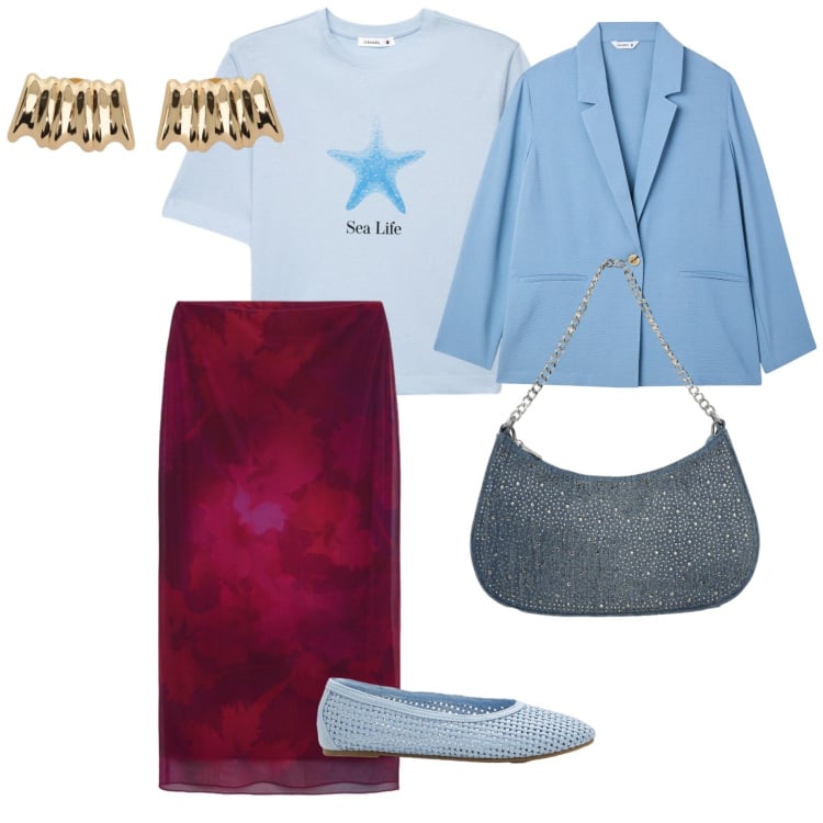 Outfit donna - Celeste e bordeaux. per Ufficio. Abbinamento con ballerine, blazer, borse a tracolla, t-shirt, gonne longuette, orecchini.