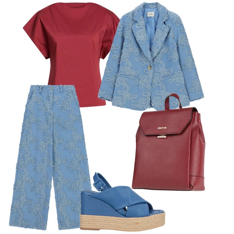Outfit donna - Celeste e bordeaux. per Scuola/Università. Abbinamento con top, zaini, espadrillas, blazer, pantaloni a palazzo.