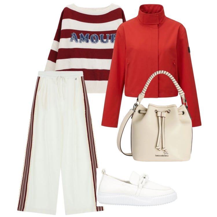 Outfit donna - Maglia leggera. per Mare. Abbinamento con mocassini, borse a secchiello, maglieria, pantaloni a palazzo, blazer.