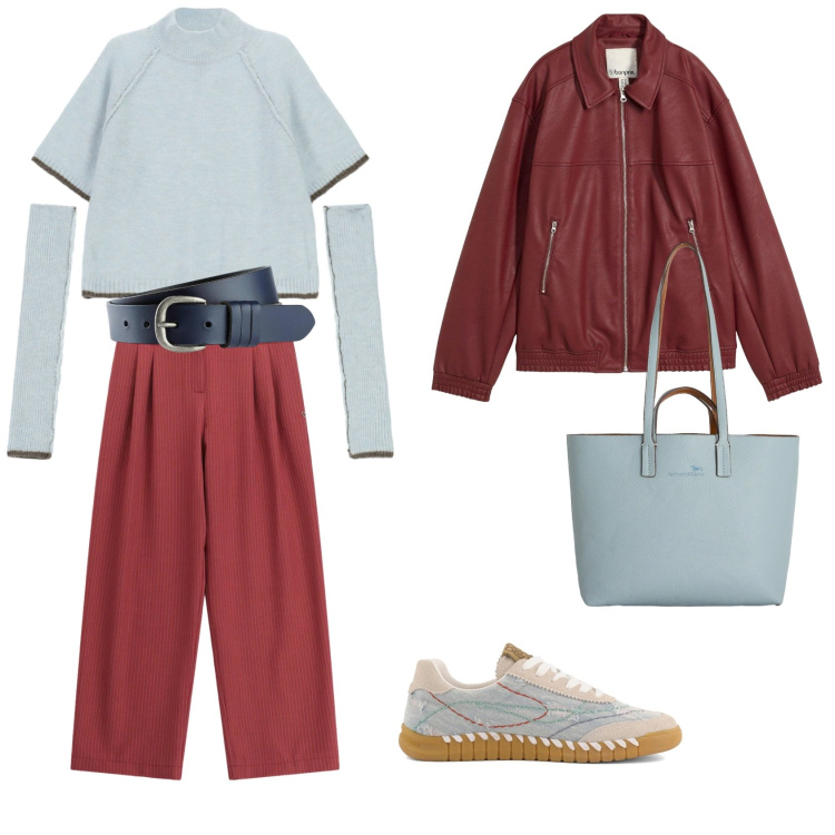 Outfit donna - Urban walk. Stile Urban per Tutti i giorni. Abbinamento con cinture, blazer, shopping bag, maglieria, pantaloni a palazzo, sneakers.
