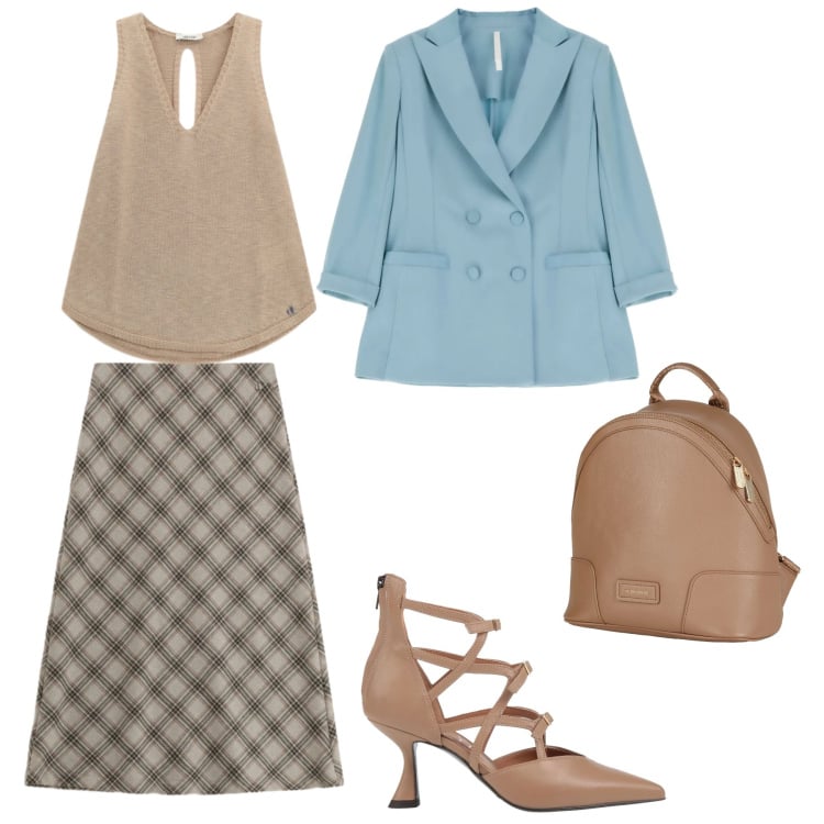 Outfit donna - Il blazer sulla gonna a quadri. Stile Chic per Scuola/Università. Abbinamento con décolleté, zaini, blazer, top, gonne longuette.