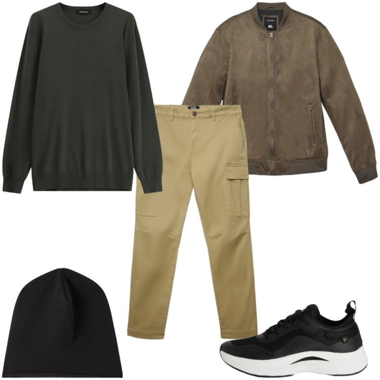 Outfit uomo - Total look #2361065. Stile Casual per Tutti i giorni. Abbinamento con maglieria, giacche, berretti, pantaloni cargo, sneakers.