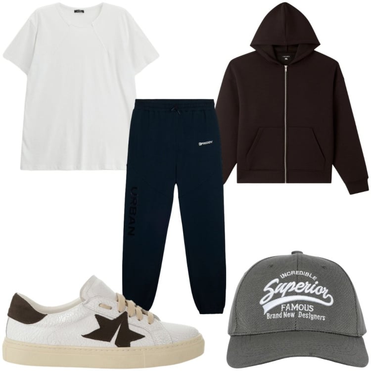 Outfit uomo - Total look #2361069. Stile Trendy per Sport. Abbinamento con t-shirt, sneakers, cappelli con visiera, felpe con cappuccio, pantaloni.