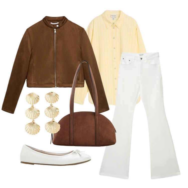 Outfit donna - Marzo. Stile Glamour per Tutti i giorni. Abbinamento con ballerine, borse a tracolla, camicie, jeans a zampa, orecchini, giacche.