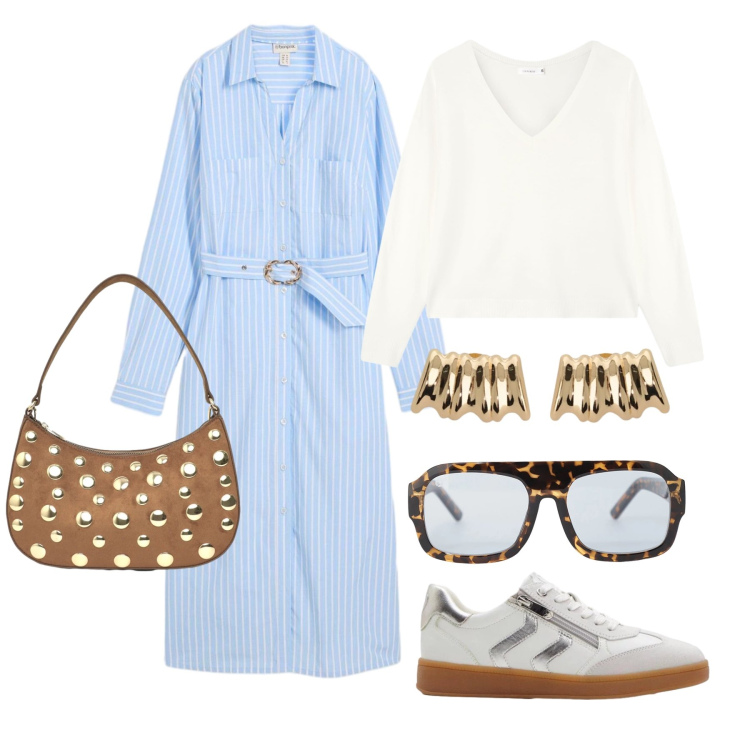 Outfit donna - Marzo. Stile Glamour per Cerimonia. Abbinamento con vestiti chemisier, sneakers, maglieria, borse a tracolla, occhiali da sole, orecchini.