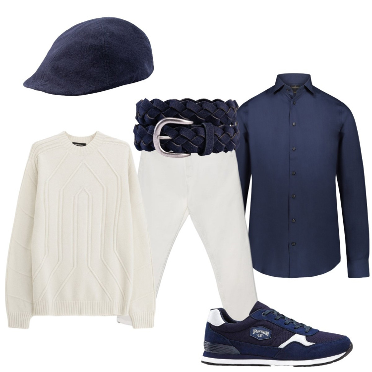 Outfit uomo - Maniche arrotolate e maglia sulle spalle. Stile Trendy per Tutti i giorni. Abbinamento con sneakers, pullovers, jeans, camicie, cinture, cappelli con visiera.