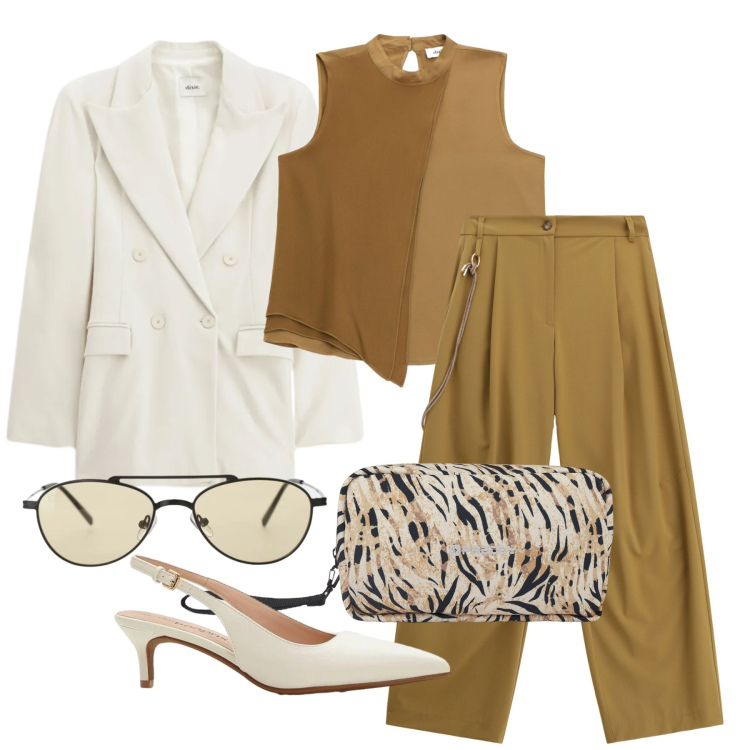 Outfit donna - Marzo. Stile Glamour per Cerimonia. Abbinamento con décolleté, occhiali da sole, pantaloni a palazzo, top, blazer, valigie.
