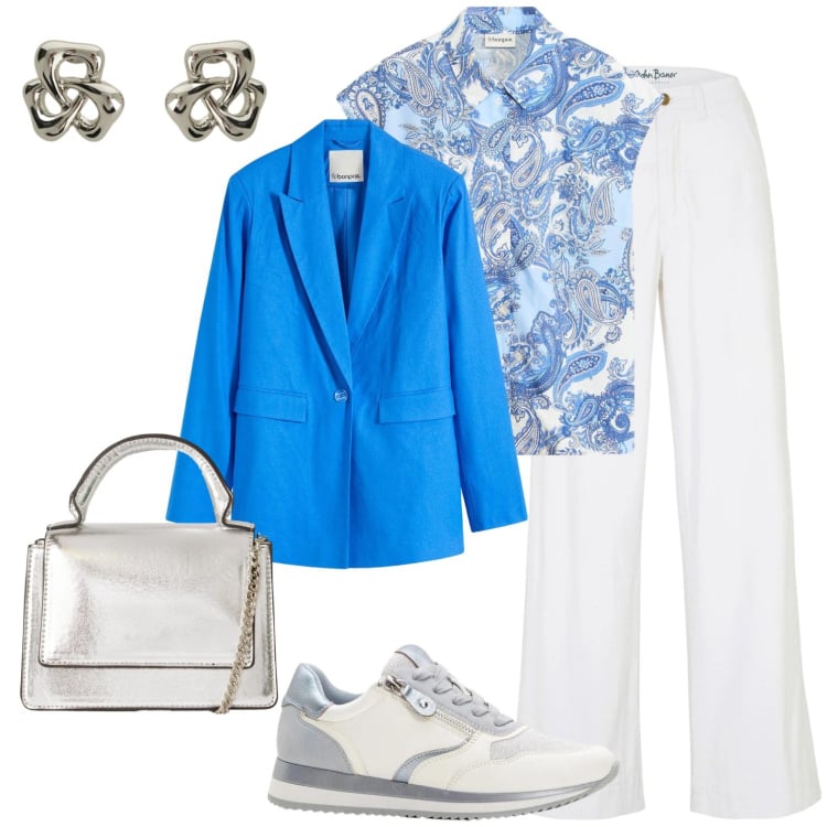 Outfit donna - Domenica a pranzo con amici. Stile Casual per Tutti i giorni. Abbinamento con jeans, camicie, sneakers, blazer, borse a tracolla, orecchini.