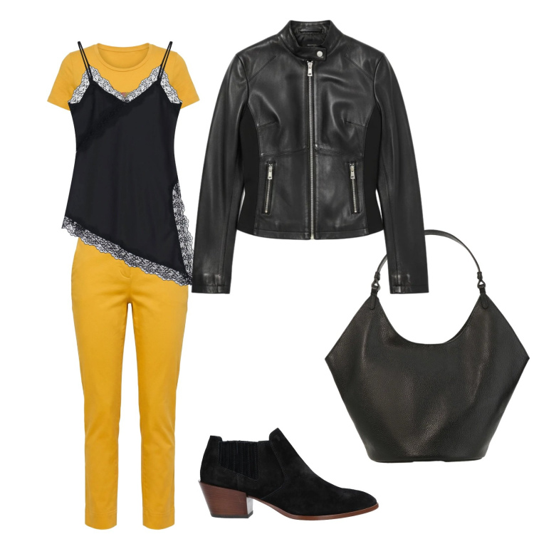 Outfit donna - Dark yellow. Stile Urban per Tutti i giorni. look ideale per Petite. Abbinamento con stivaletti, pantaloni, t-shirt, top, borse a spalla, giacche.