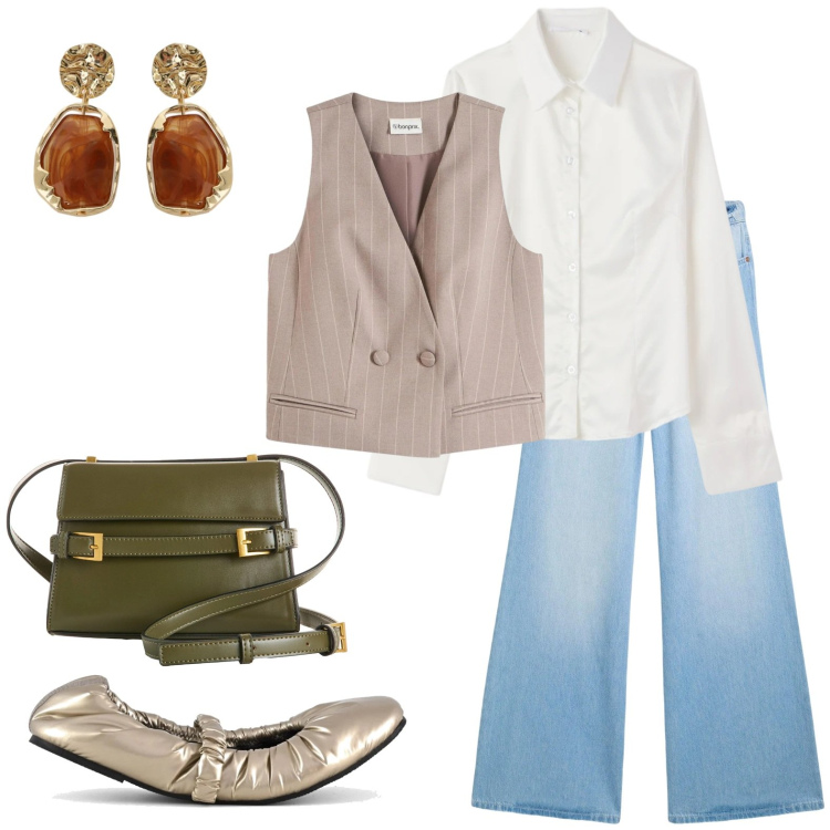 Outfit donna - Gilet gessato e ballerine. Stile Urban per Ufficio. Abbinamento con gilet, jeans, borse a tracolla, camicie, orecchini, ballerine.