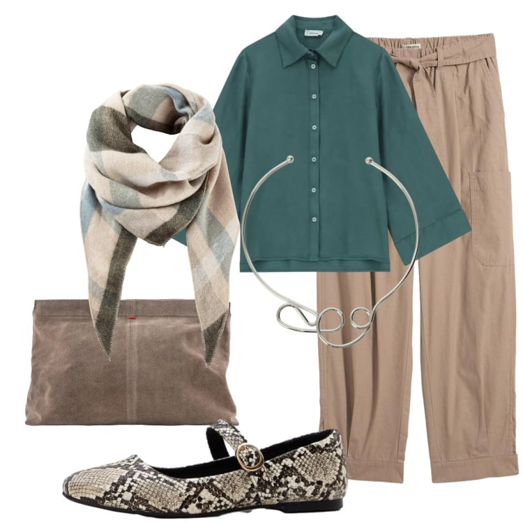 Outfit donna - Colori natura. Stile Urban per Tutti i giorni. Abbinamento con sciarpe, ballerine, pantaloni cargo, camicie, collane, pochette.