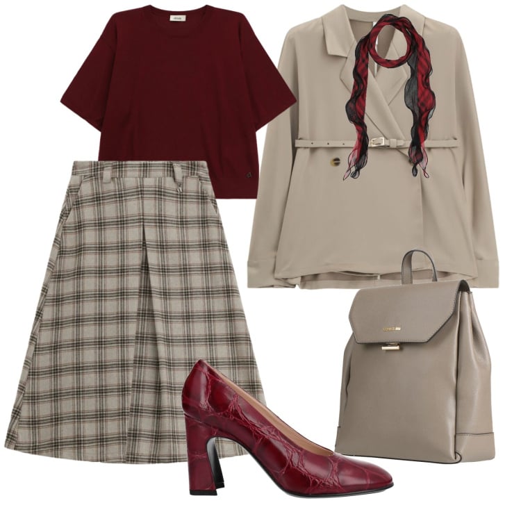 Outfit donna - Riunione di lavoro. per Ufficio. Abbinamento con décolleté, zaini, sciarpe, blazer, t-shirt, gonne longuette.