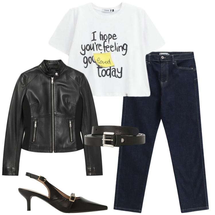 Outfit donna - Marzo. Stile Casual chic per Tutti i giorni. Abbinamento con sandali col tacco, cinture, t-shirt, jeans dritti, giacche.