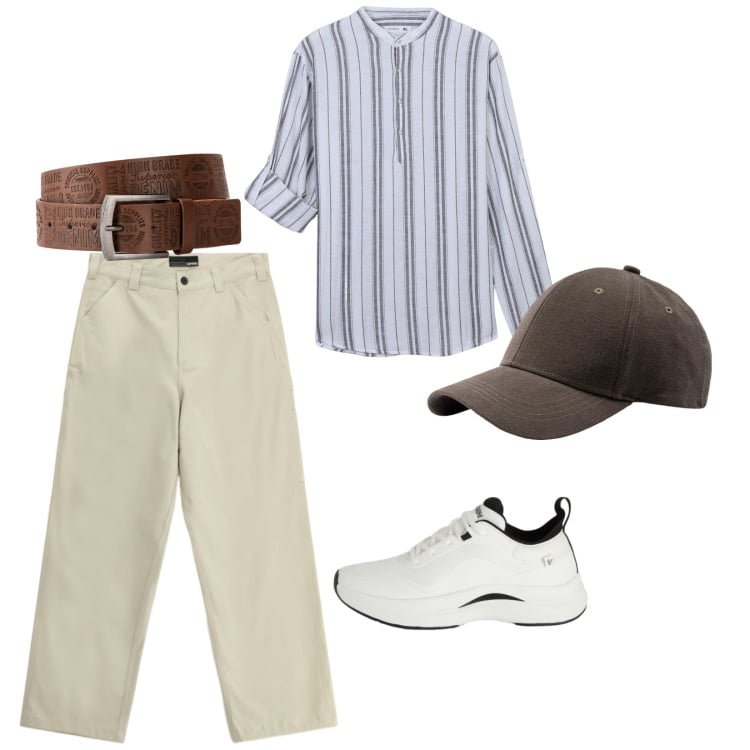 Outfit uomo - Casual. per Tutti i giorni. Abbinamento con cinture, pantaloni, camicie, sneakers, cappelli con visiera.