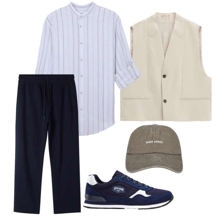 Outfit uomo - Comodo. per Tutti i giorni. Abbinamento con sneakers, gilet, cappelli con visiera, camicie, pantaloni.