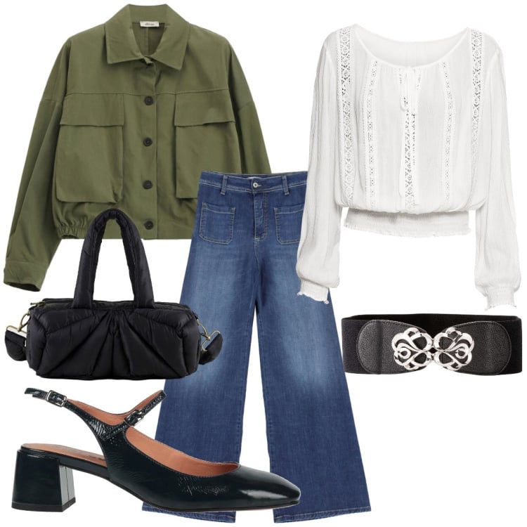 Outfit donna - Total look #2361132. Stile Glamour per Tutti i giorni. Abbinamento con décolleté, bluse, cinture, cappotti, jeans, borse a mano.