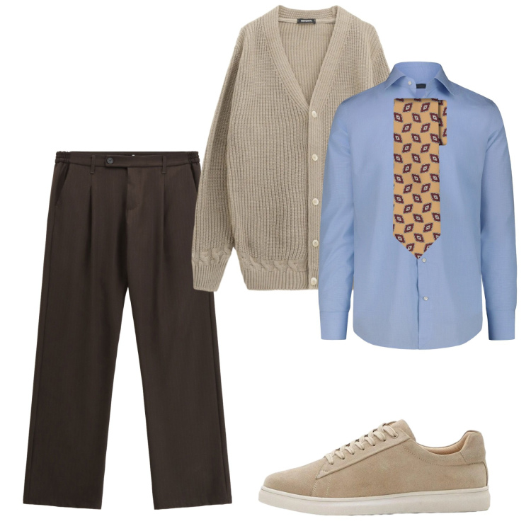 Outfit uomo - In cardigan. Stile Casual per Tutti i giorni. Abbinamento con sneakers, pantaloni, cardigans, camicie, cravatte.