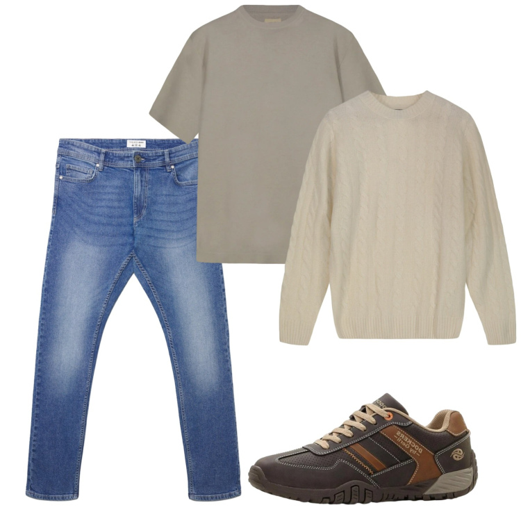 Outfit uomo - Marzo. Stile Casual per Tutti i giorni. Abbinamento con sneakers, jeans skinny, maglieria, t-shirt.
