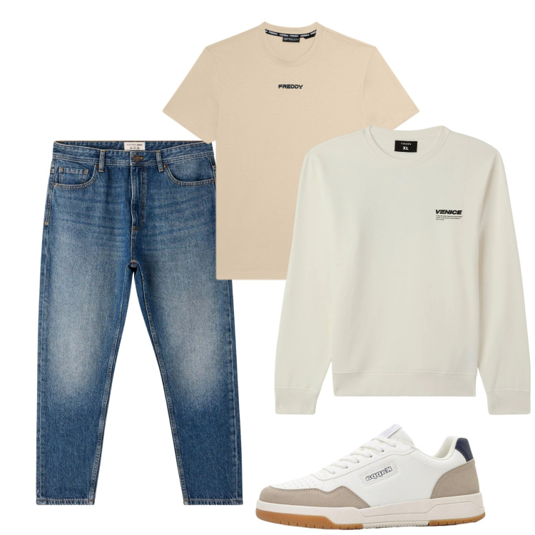 Outfit uomo - Primavera. Stile Casual per Tutti i giorni. Abbinamento con sneakers, felpe, jeans, t-shirt.