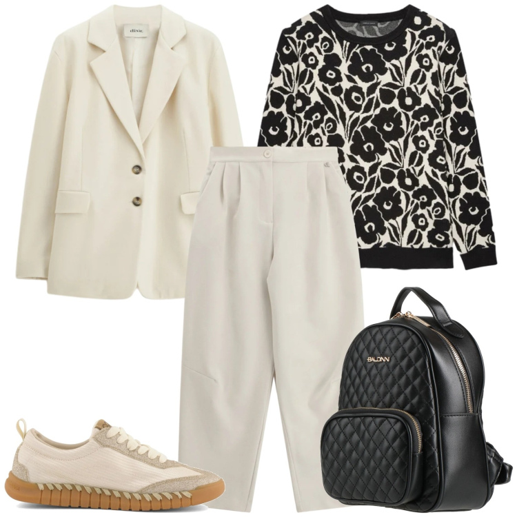 Outfit donna - Total look #2361142. Stile Casual chic per Tutti i giorni. Abbinamento con zaini, maglieria, pantaloni a palazzo, blazer, sneakers.