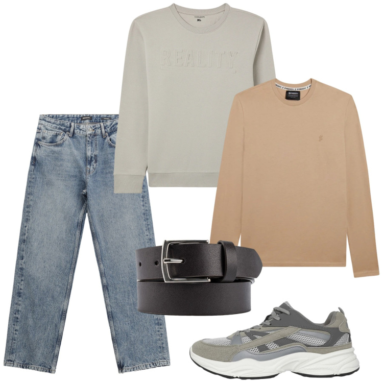Outfit uomo - Weekend. Stile Casual per Tutti i giorni. Abbinamento con felpe, sneakers, jeans dritti, t-shirt, cinture.