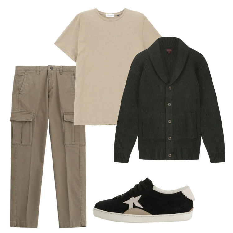 Outfit uomo - Ogni giorno. Stile Casual per Tutti i giorni. Abbinamento con pantaloni cargo, sneakers, t-shirt, cardigans.