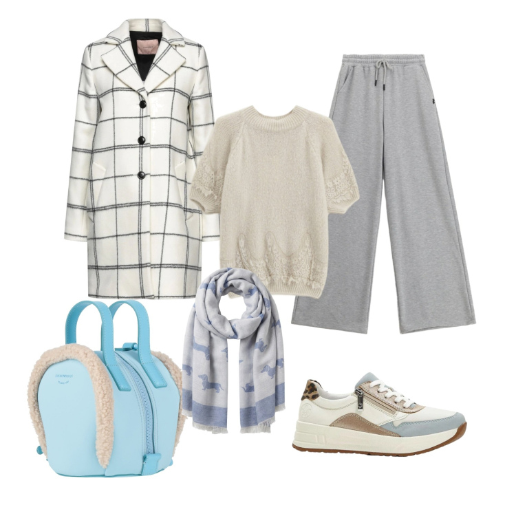 Outfit donna - Celeste nostalgia. Stile Casual chic per Ufficio. Abbinamento con cappotti, zaini, sneakers, sciarpe, maglieria, pantaloni.