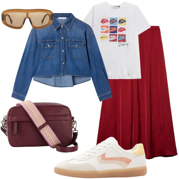 Outfit donna - Gonna bordeaux. Stile Urban per Scuola/Università. Abbinamento con borse a tracolla, sneakers, occhiali da sole, camicie, gonne longuette, t-shirt.