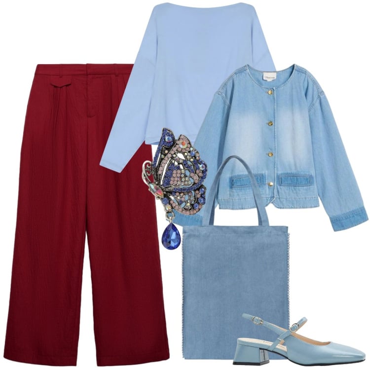 Outfit donna - Celeste e bordeaux. Stile Casual chic per Tutti i giorni. Abbinamento con décolleté, blazer, borse tote, pantaloni, t-shirt, ciondoli.