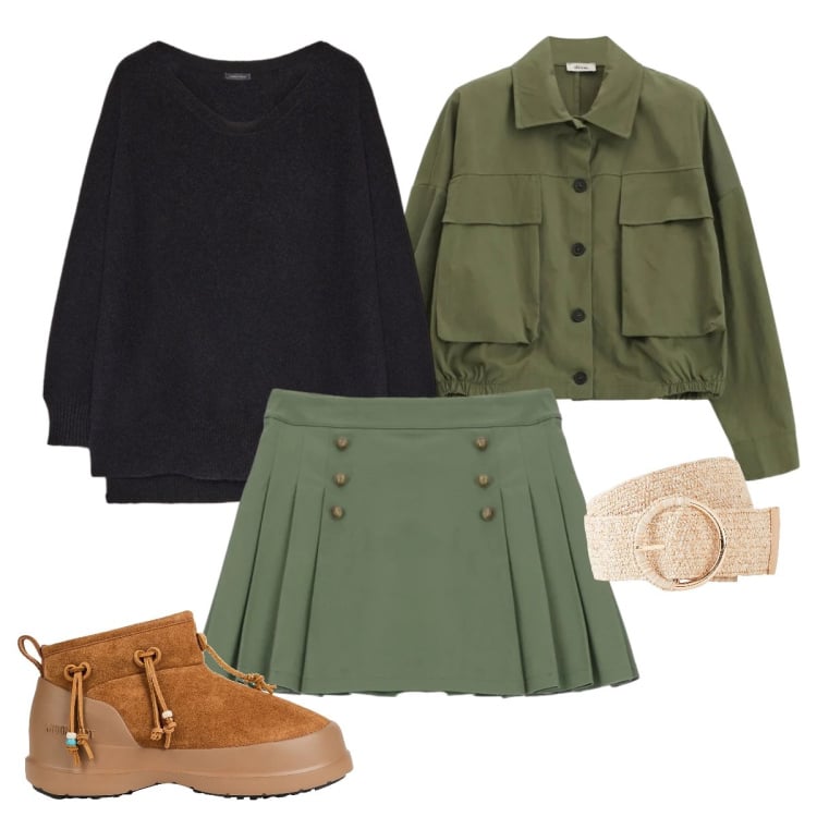 Outfit donna - Compleanno del papà. Stile Military per Cerimonia. Abbinamento con stivali da neve, cinture, pullovers, cappotti, minigonne.