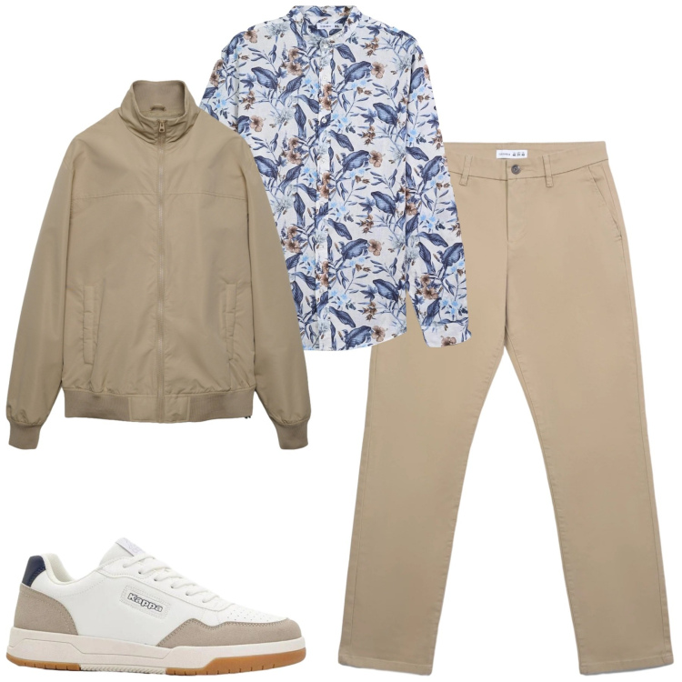 Outfit uomo - Spring. Stile Urban per Tutti i giorni. Abbinamento con sneakers, camicie, pantaloni chino, bomber.