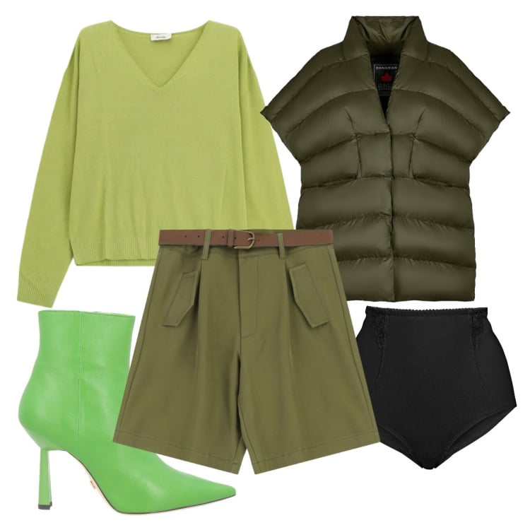 Outfit donna - Sfumature di verde - @antonellal. Stile Minimal per Tutti i giorni. Abbinamento con stivaletti, culotte, shorts, maglieria, piumini.