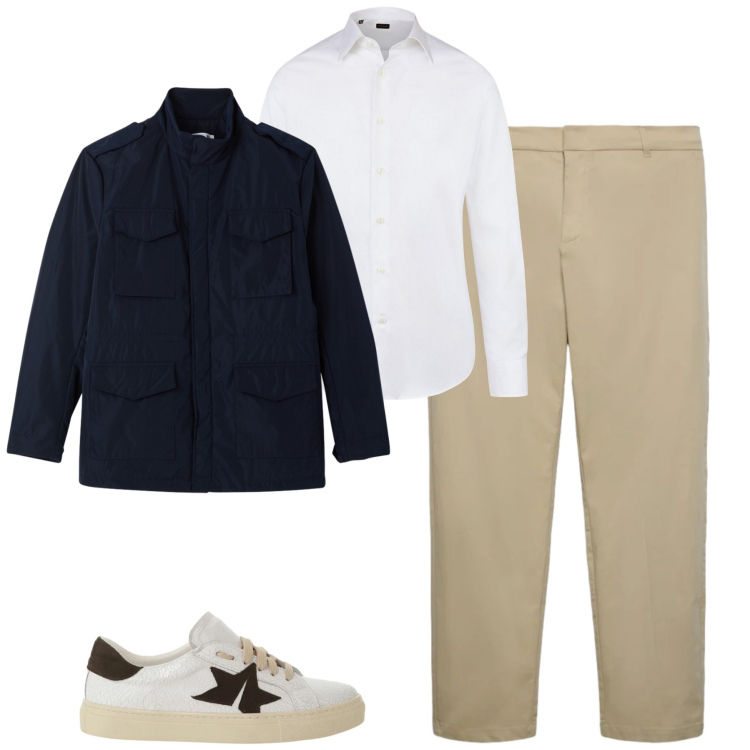 Outfit uomo - Spring. Stile Urban per Tutti i giorni. Abbinamento con sneakers, giacche, pantaloni chino, camicie.