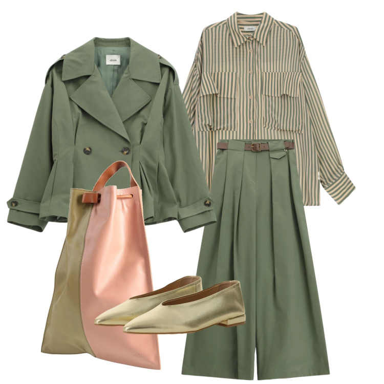 Outfit donna - Salvia & oro. Stile Casual chic per Tutti i giorni. Abbinamento con zaini, ballerine, pantaloni a palazzo, blazer, camicie.