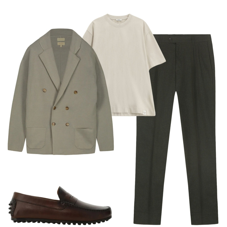 Outfit uomo - City. Stile Urban per Tutti i giorni. Abbinamento con t-shirt, scarpe stringate, cardigans, pantaloni.