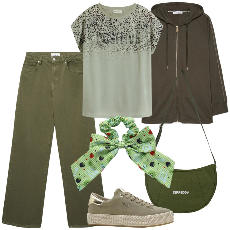 Outfit donna - Sfumature di verde. Stile Casual chic per Tutti i giorni. Abbinamento con sneakers, maglieria, jeans, accessori per capelli, felpe con cappuccio, borse a spalla.