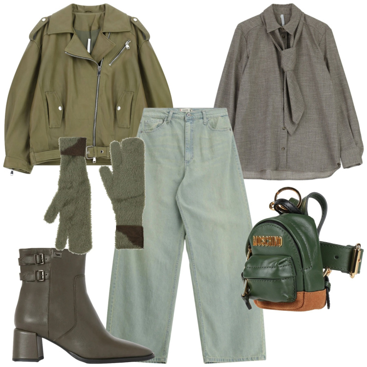 Outfit donna - Sfumature di verde. Stile Military per Tutti i giorni. Abbinamento con marsupi, guanti, stivaletti, giacche, camicie, jeans.