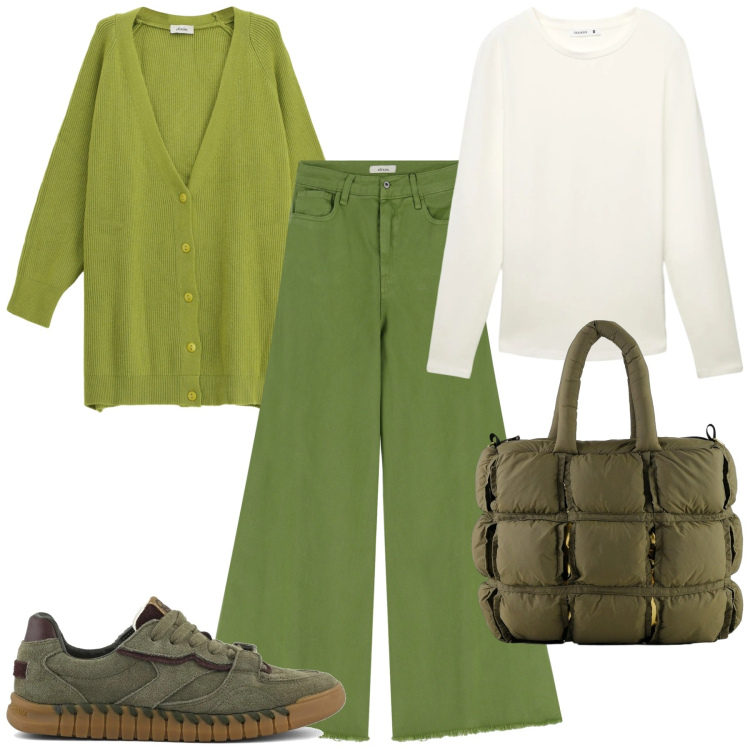 Outfit donna - Sfumature di verde. Stile Casual chic per Tutti i giorni. Abbinamento con t-shirt, pantaloni, cardigans, borse a mano, sneakers.