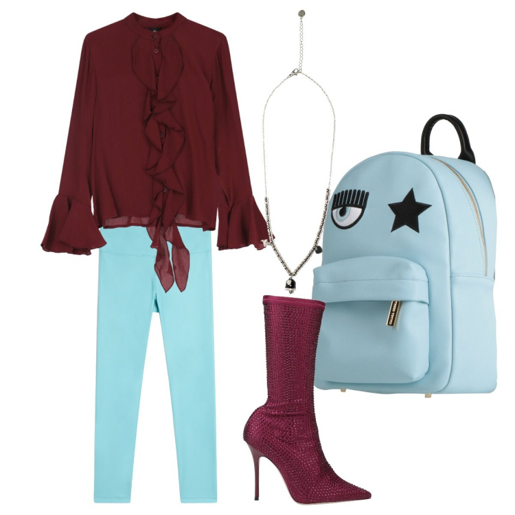 Outfit donna - Celeste e bordeaux - @pamela. Stile Trendy per Serata fuori. Abbinamento con stivali, zaini, camicie, treggings, ciondoli.
