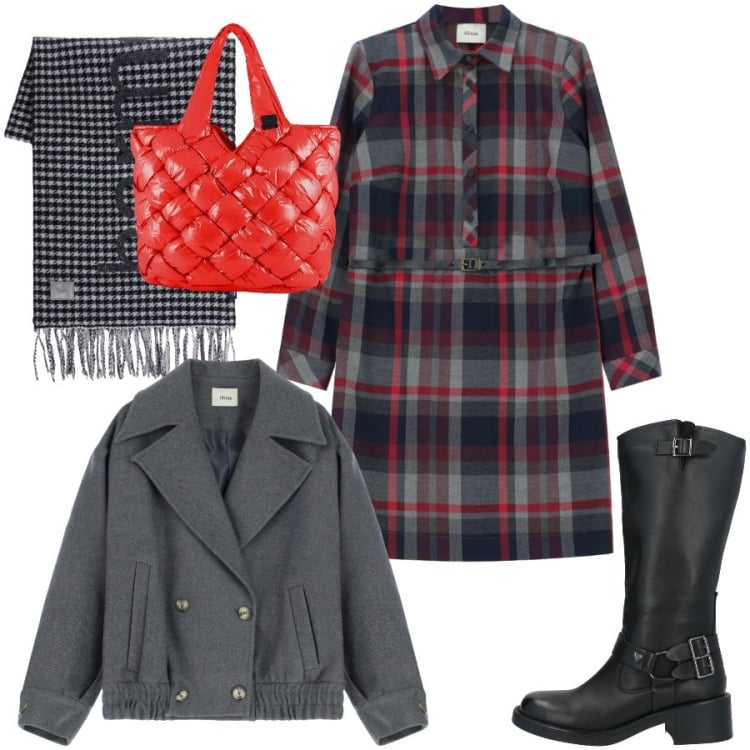 Outfit donna - Inverno in rosso e grigio. Stile Preppy per Tutti i giorni. Abbinamento con stivali, sciarpe, cappotti, vestiti corti, borse tote.