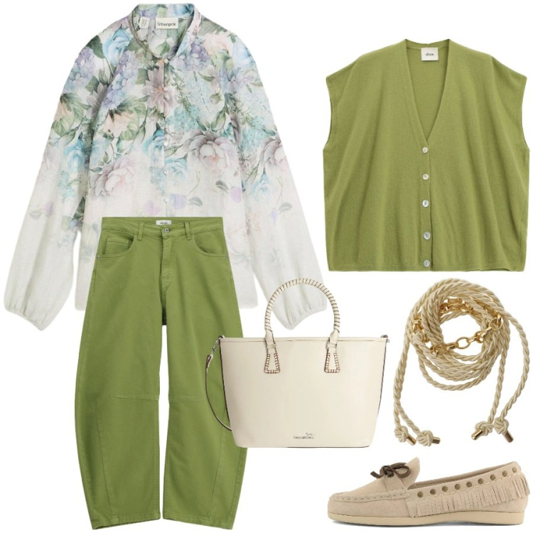 Outfit donna - Verde primavera. Stile Casual chic per Ufficio. Abbinamento con tuniche, shopping bag, pantaloni, gilet, cinture, mocassini.