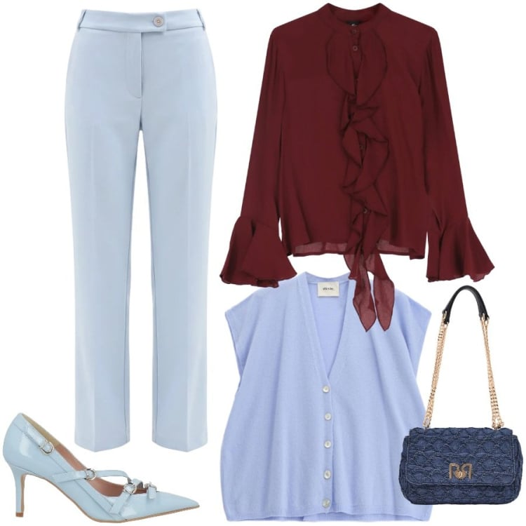 Outfit donna - Contrasti sofisticati. Stile Chic per Cerimonia. Abbinamento con décolleté, gilet, camicie, pantaloni, borse a spalla.