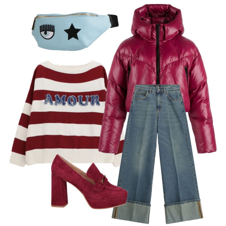 Outfit donna - Amore di bordeaux. Stile Sporty chic per Tutti i giorni. Abbinamento con mocassini, marsupi, jeans, maglieria, piumini.